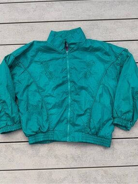 Active Exposure Jacket Women’s Large Green Windbreaker Flower Embroidered VTG
